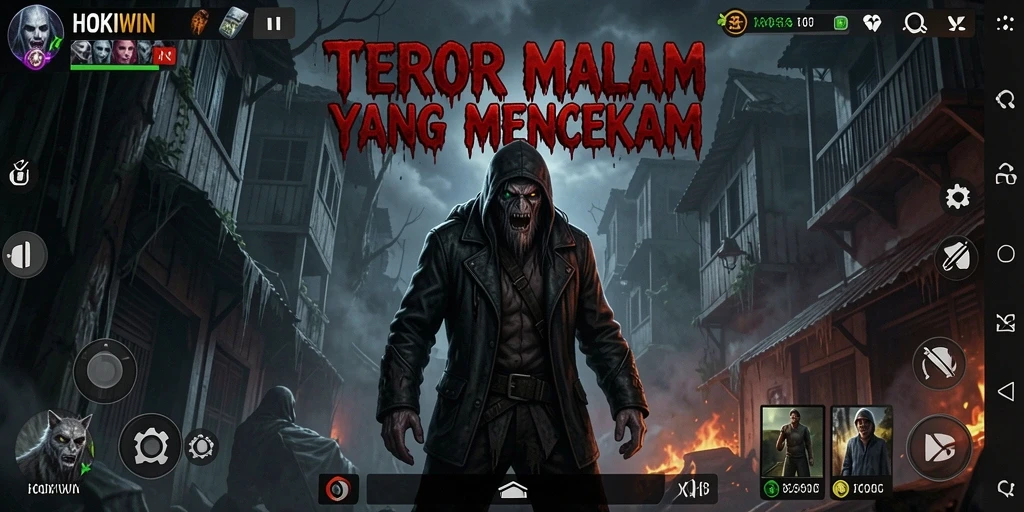 Screenshot gameplay HOKIWIN menampilkan momen menegangkan di lokasi gelap.