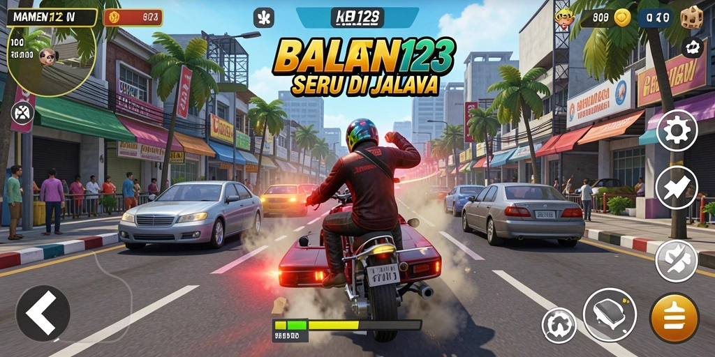Screenshot gameplay MAMEN123 menampilkan aksi balapan seru di jalanan.