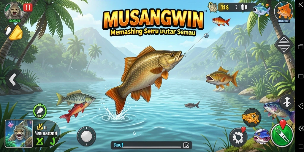 Screenshot gameplay MUSANGWIN menampilkan aksi memancing yang mendebarkan.