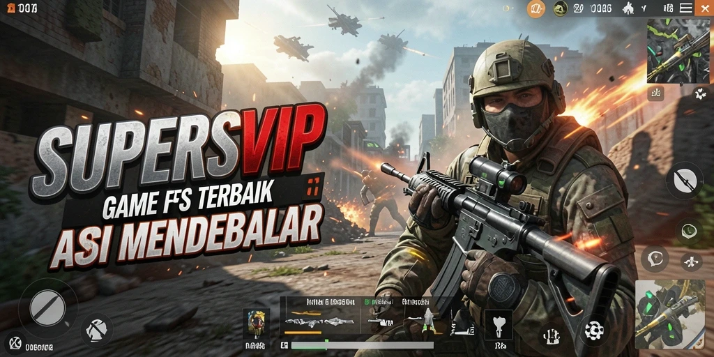 Screenshot gameplay SUPERSVIP menampilkan aksi menembak yang mendebarkan.